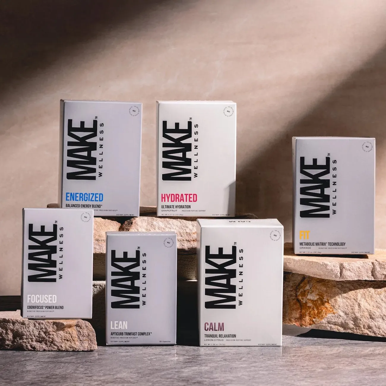 The Make Wellness oral peptide lineup, including Energized, Hydrated, Focused, Lean, and Calm