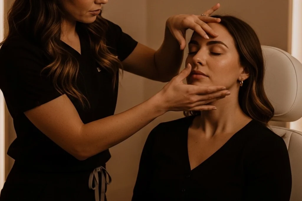 Provider assessing balance and proportions for natural-looking results in New Berlin