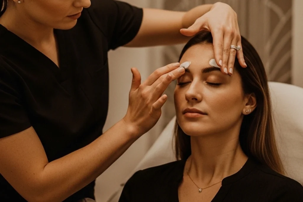 Provider assessing facial balance and skin condition for Delafield clients