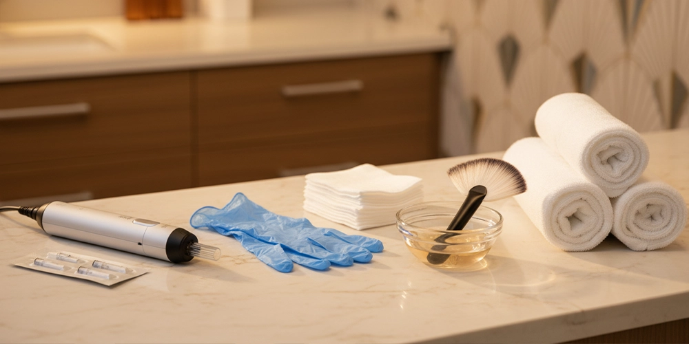 Microneedling device and chemical peel brush shown as two different treatment approaches.